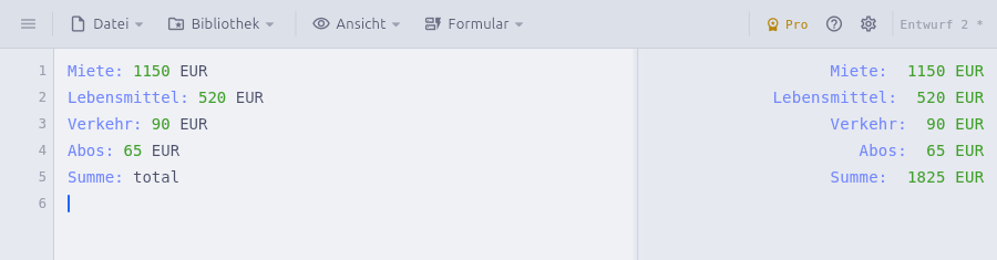 Links die Eingabe, rechts sofort das Ergebnis – benannte Größen summieren sich automatisch